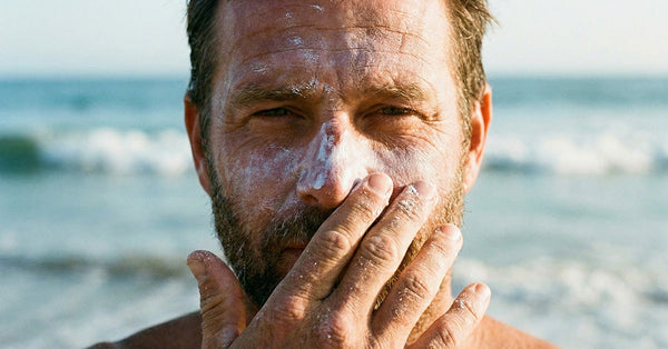 Surfer removing mineral sunscreen from face after a surf session