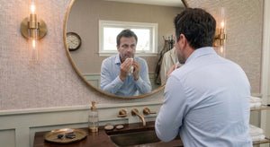 Man in bathroom mirror trying to remove mineral sunscreen white cast from his face and beard