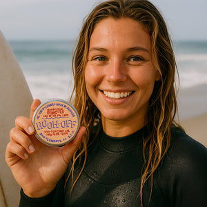 Smiling surfer holding a tin of Kook-Off sunscreen remover on the beach after a surf session.