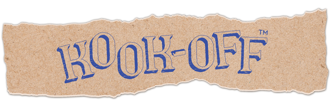 Kook-Off logo in bold blue letters on a torn kraft paper background, emphasizing its rugged, surf-inspired branding.